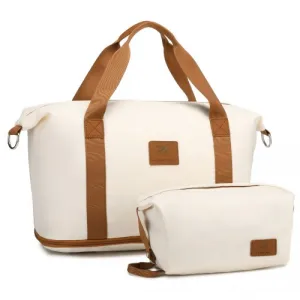 36L Expandable Water-Resistant Travel Tote Set with Cosmetic Pouch - Beige & Brown Carry-On Duffel Bag