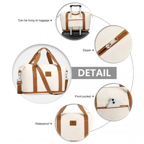 36L Expandable Water-Resistant Travel Tote Set with Cosmetic Pouch - Beige & Brown Carry-On Duffel Bag