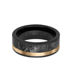 8MM Tungsten Carbide Ring - Meteorite Inlay with Asymetrical Channel and Flat Edge