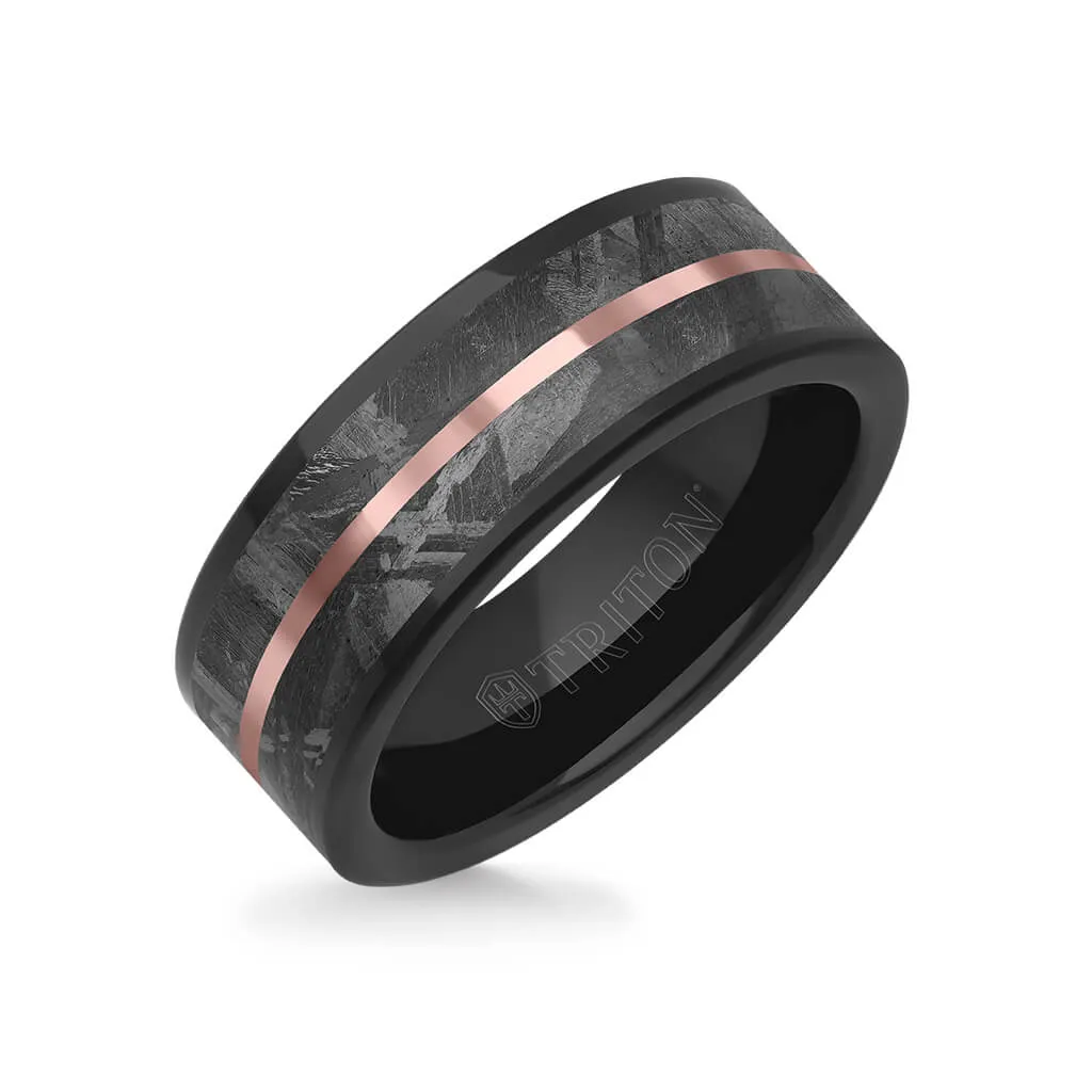 8MM Tungsten Carbide Ring - Meteorite Inlay with Center Line and Flat Edge