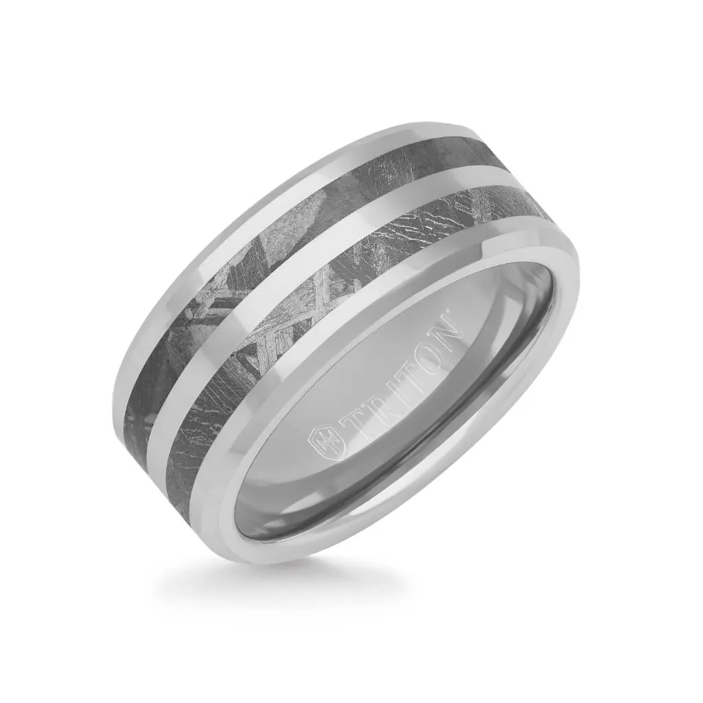 9MM Tungsten Carbide Ring - Double Row Meteorite Inlay Edge To Edge