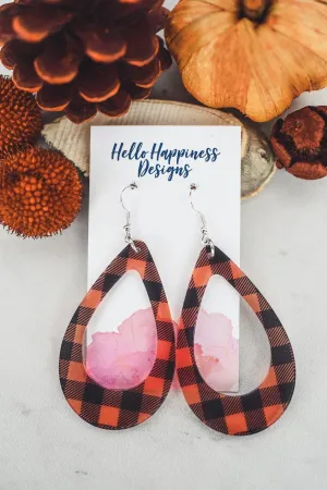 Acrylic Orange Buffalo Check Teardrop Dangles