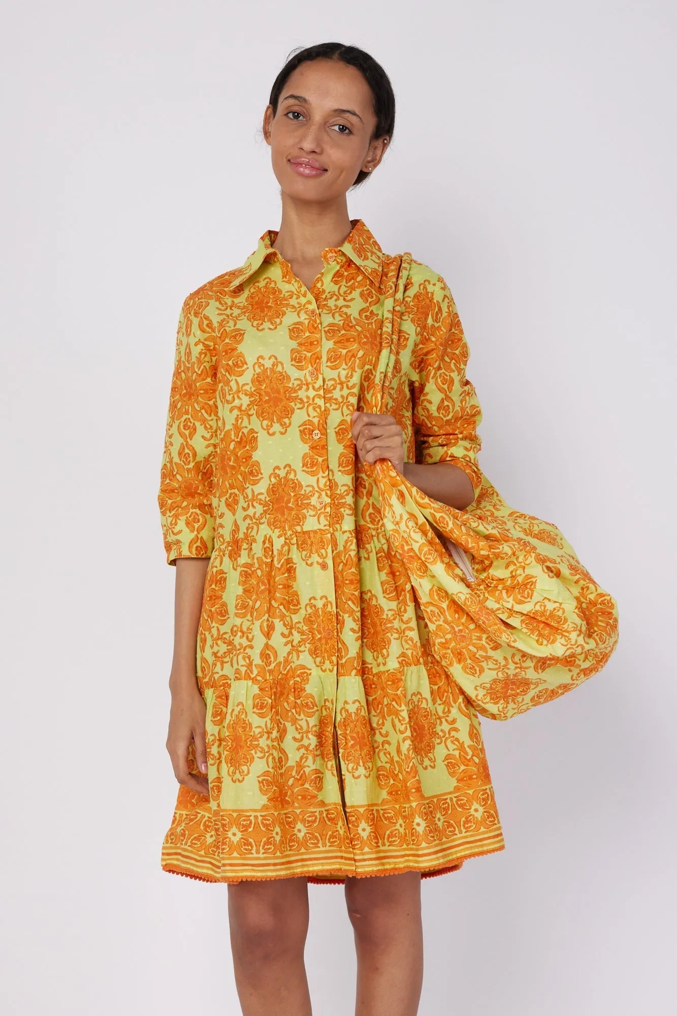 Alcee 3/4 Frill Sleeve Knee Length Dress with Relaxed Collar in Curacao Majolica