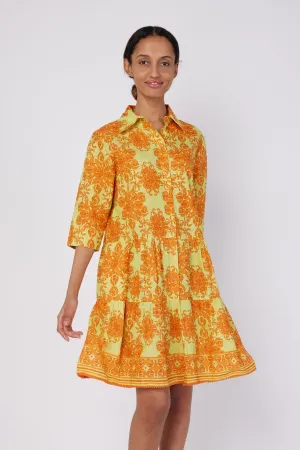 Alcee 3/4 Frill Sleeve Knee Length Dress with Relaxed Collar in Curacao Majolica