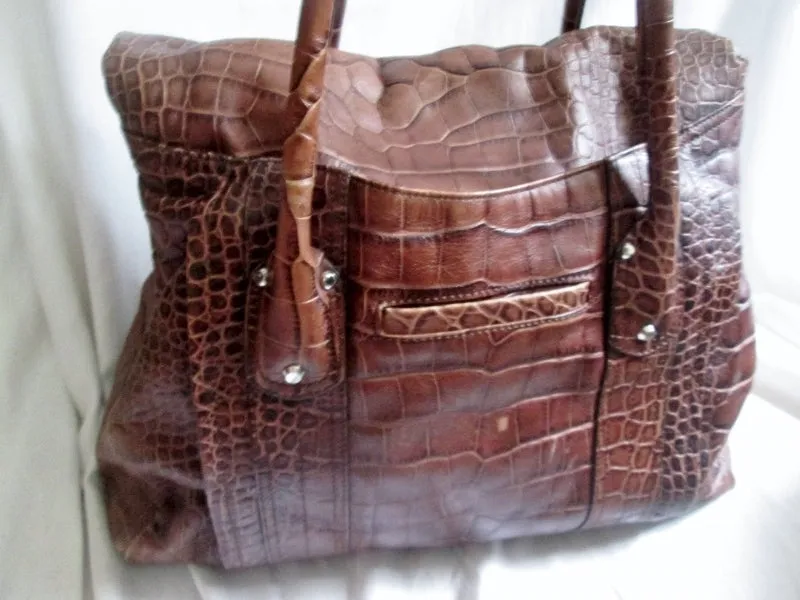 B. MAKOWSKY CROC ALLIGATOR Print Leather TOTE carryall satchel bag BROWN XL