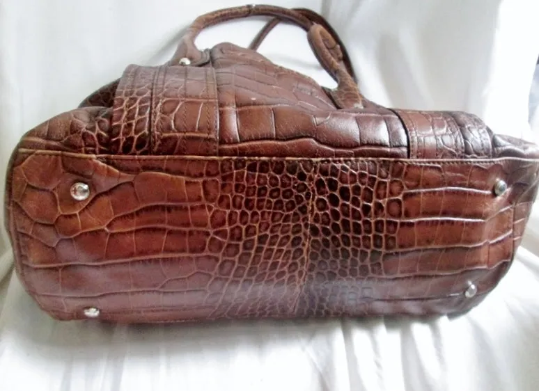 B. MAKOWSKY CROC ALLIGATOR Print Leather TOTE carryall satchel bag BROWN XL