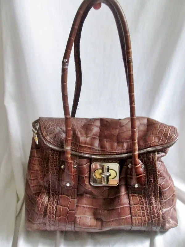 B. MAKOWSKY CROC ALLIGATOR Print Leather TOTE carryall satchel bag BROWN XL