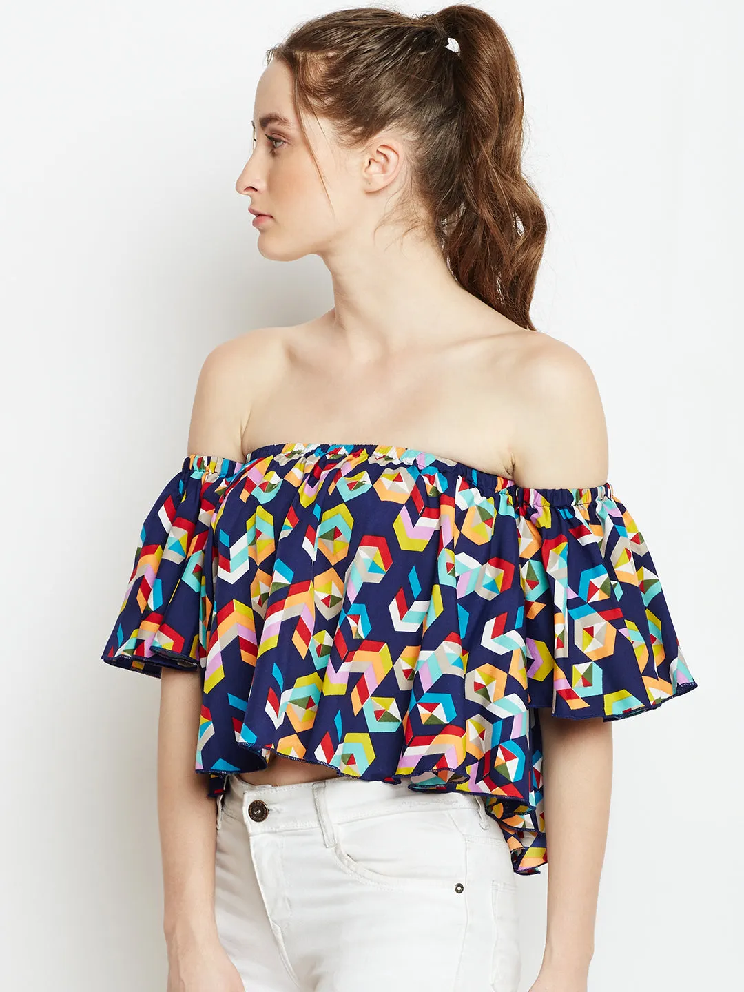 Berrylush Women Navy Blue Geometric Printed Off-Shoulder Neck Ruffled Crop Bardot Top