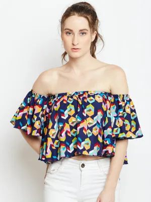 Berrylush Women Navy Blue Geometric Printed Off-Shoulder Neck Ruffled Crop Bardot Top