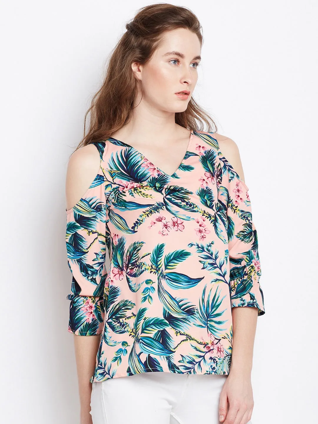 Berrylush Women Pink & Green Tropical Printed V-Neck Cold-Shoulder Sleeve Crepe A-Line Regular Top