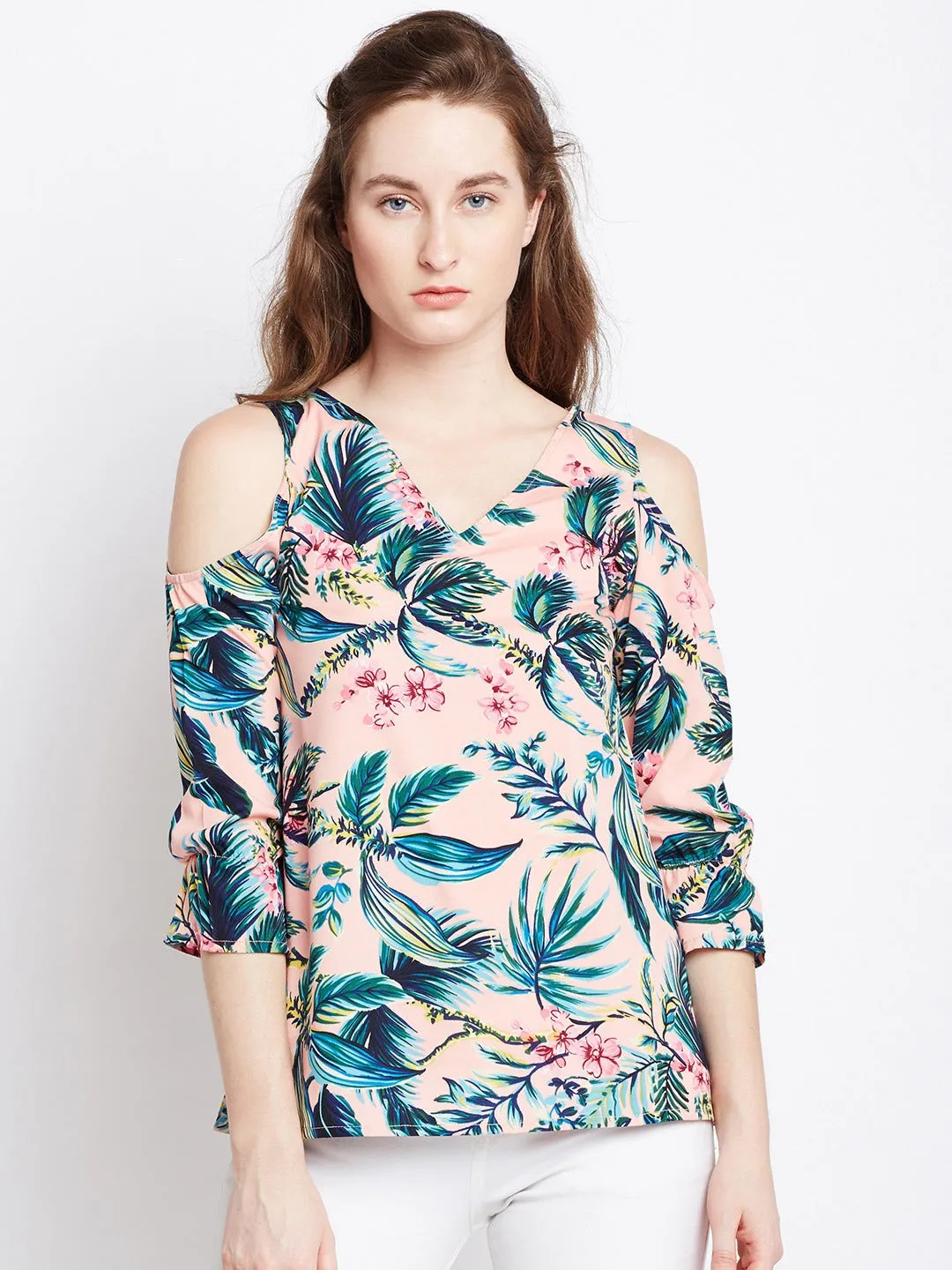 Berrylush Women Pink & Green Tropical Printed V-Neck Cold-Shoulder Sleeve Crepe A-Line Regular Top