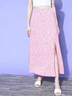 Berrylush Women Pink Floral Printed High-Rise Waist Side-Slit Flared A-Line Maxi Skirt