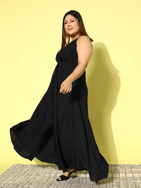 Berrylush Women Plus Size Solid Black V-Neck Sleeveless Crepe Thigh-High Slit Flared Maxi Dress