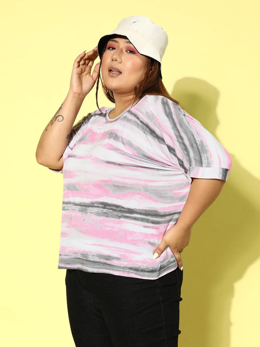 Berrylush Women Plus Size White, Black, & Pink Tie-Dye Printed Round Neck Cotton Back Cutout Knitted Regular T-Shirt