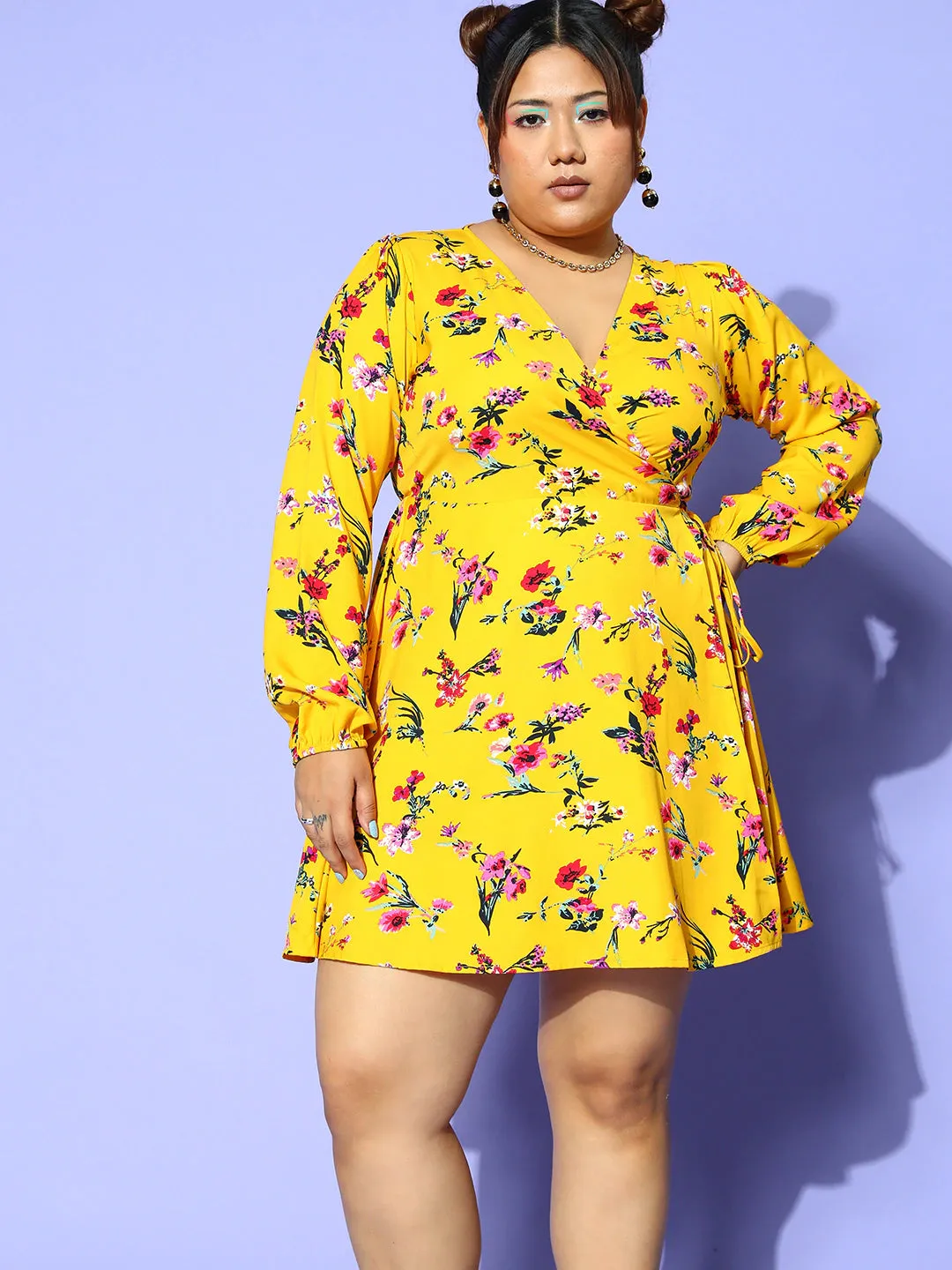 Berrylush Women Plus Size Yellow & Red Floral Printed V-Neck Waist Tie-Up Fit & Flare Wrap Mini Dress