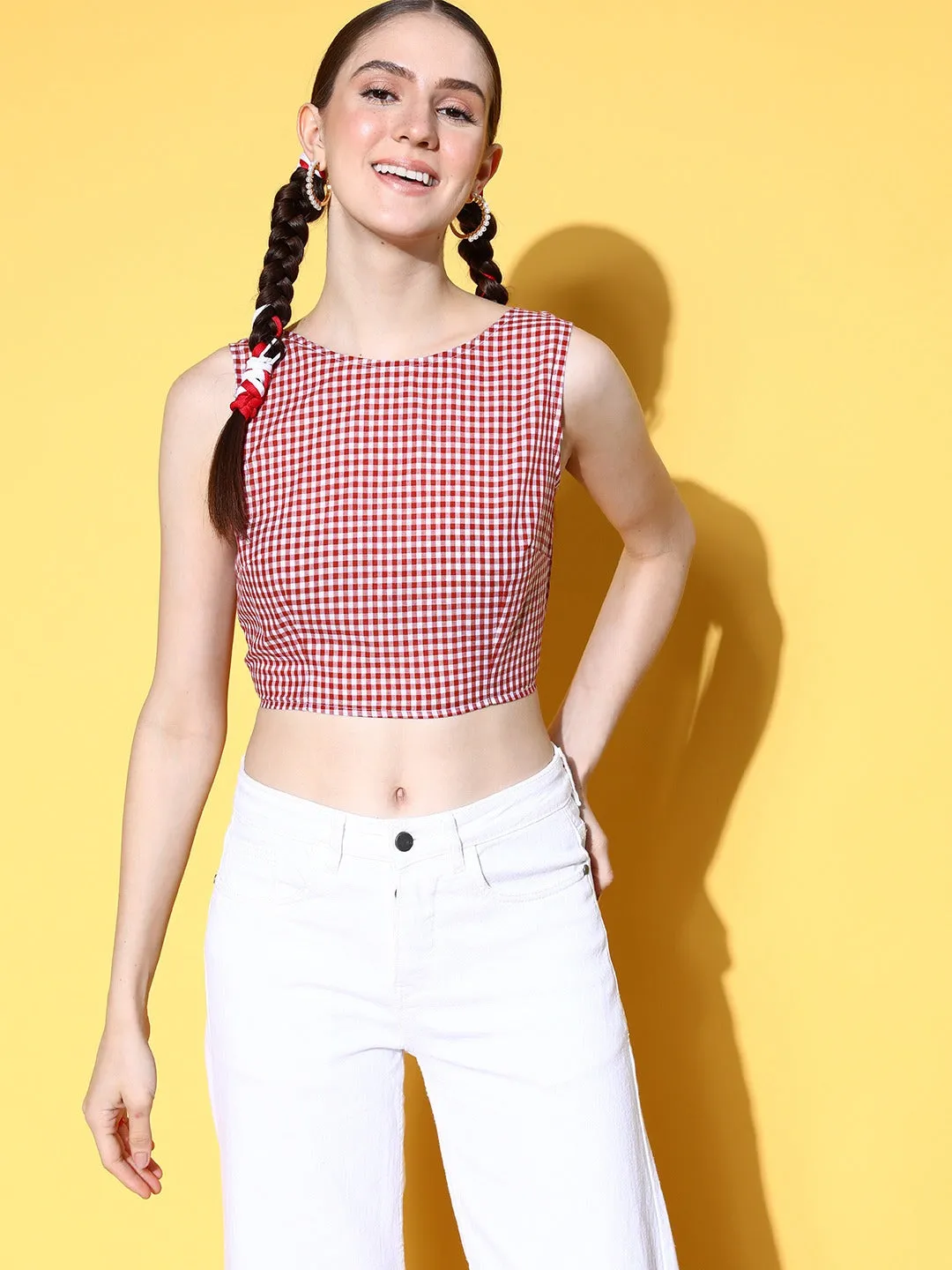 Berrylush Women Red & White Check Printed Round Neck Cotton Styled Tie-Up Back Crop Top