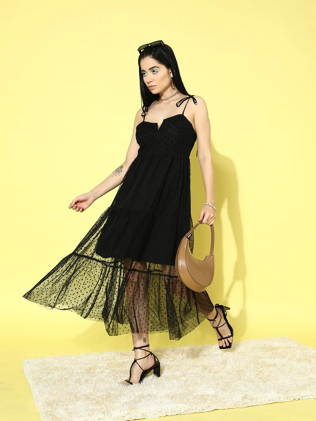 Berrylush Women Solid Black Dobby Weave Sweetheart Neck Tie-Up Straps Semi-Sheer Net Tiered Fit & Flare Mini Dress