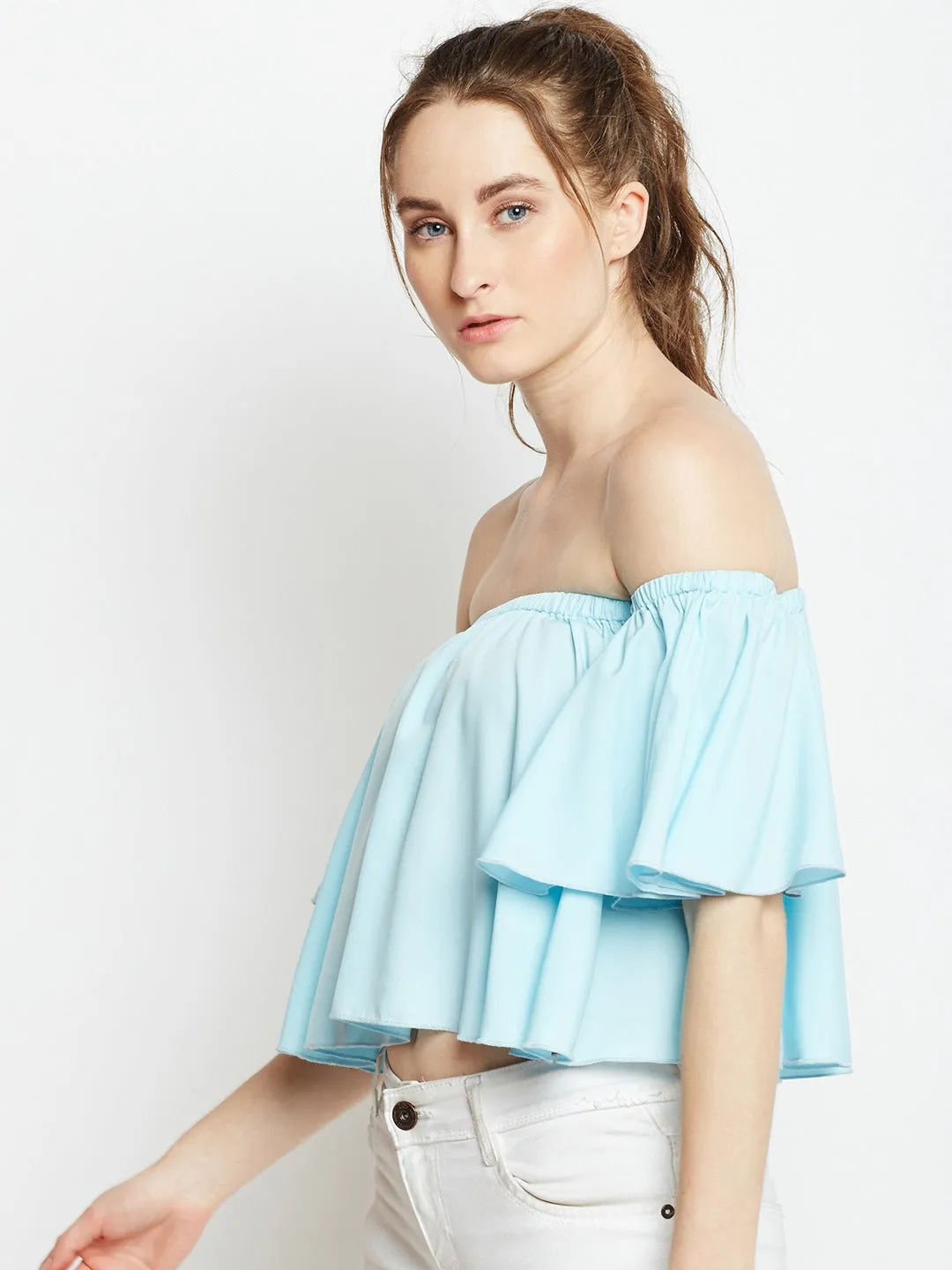 Berrylush Women Solid Blue Off-Shoulder Neck Flared Sleeves Ruffled Bardot Crop Top