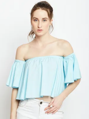 Berrylush Women Solid Blue Off-Shoulder Neck Flared Sleeves Ruffled Bardot Crop Top