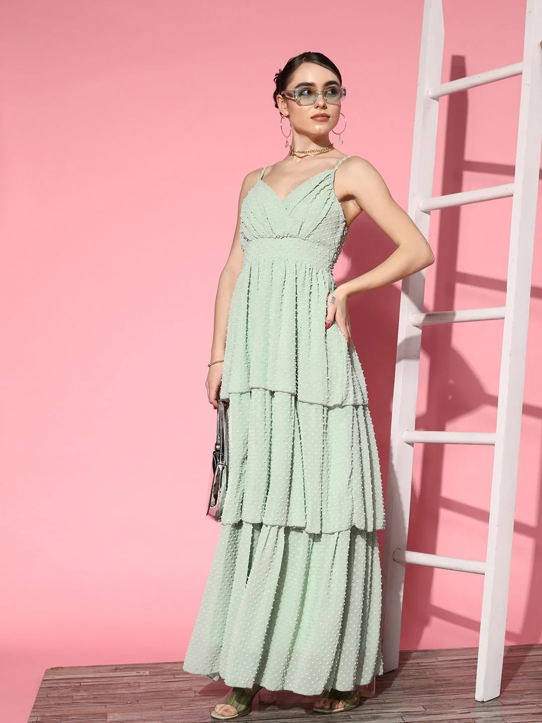 Berrylush Women Solid Green Dobby Weave V-Neck Sleeveless Georgette Layered Fit & Flare Maxi Dress