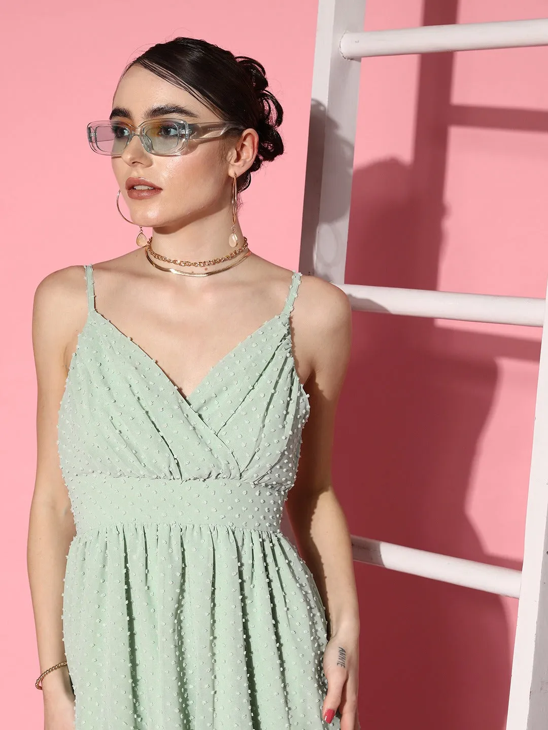 Berrylush Women Solid Green Dobby Weave V-Neck Sleeveless Georgette Layered Fit & Flare Maxi Dress