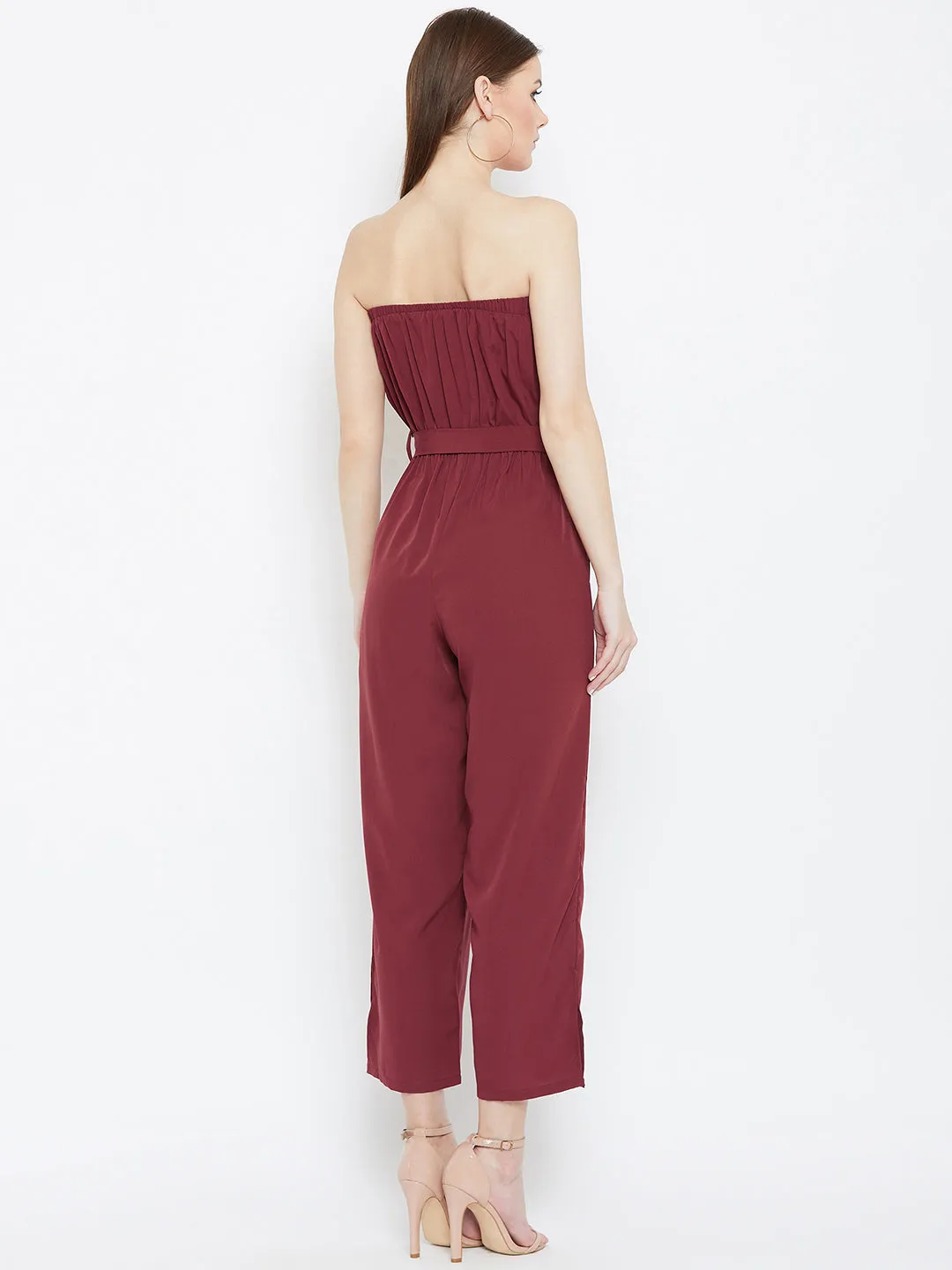 Berrylush Women Solid Maroon Off-Shoulder Waist Tie-Up Slited Jumpsuit