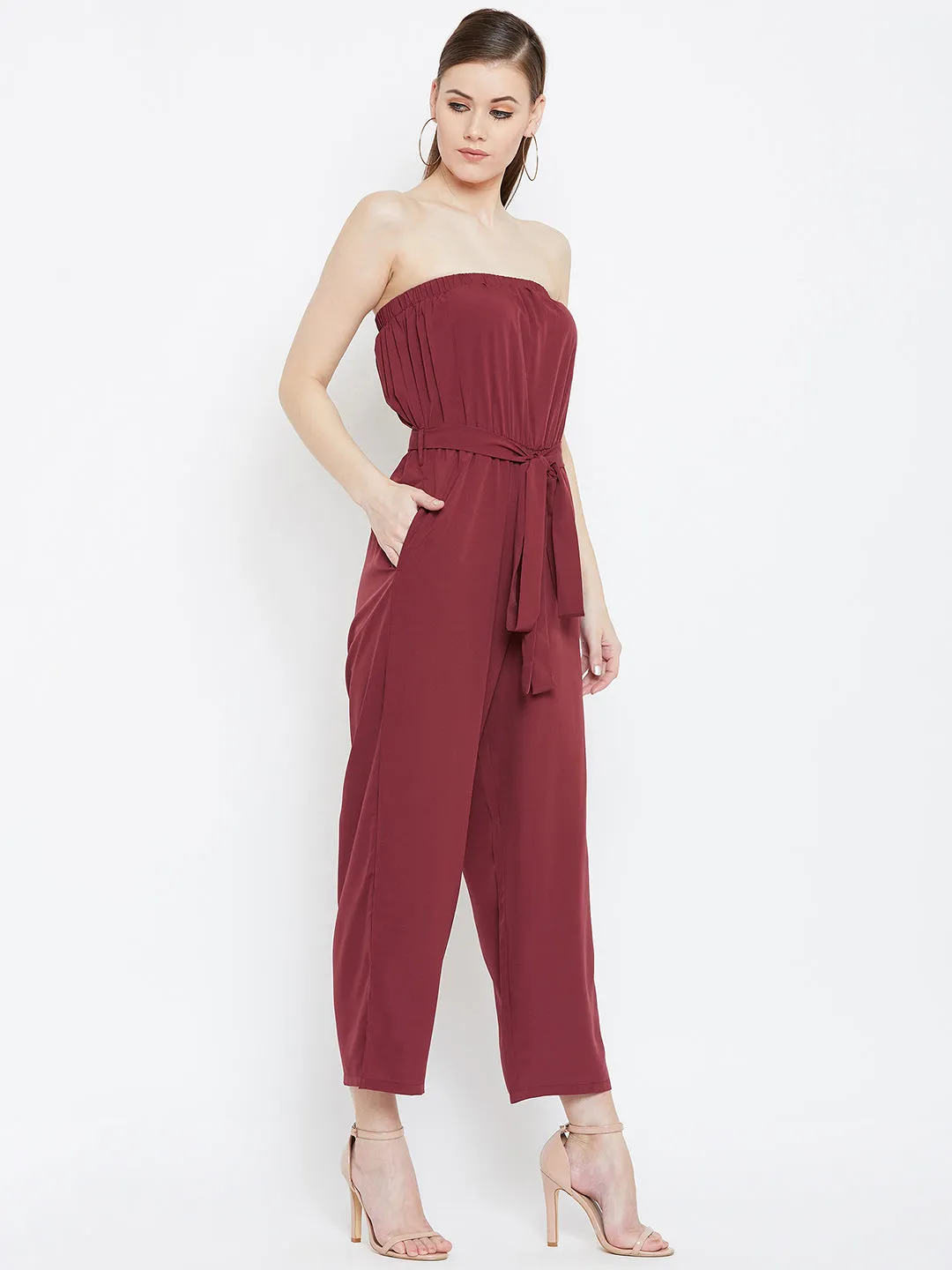 Berrylush Women Solid Maroon Off-Shoulder Waist Tie-Up Slited Jumpsuit