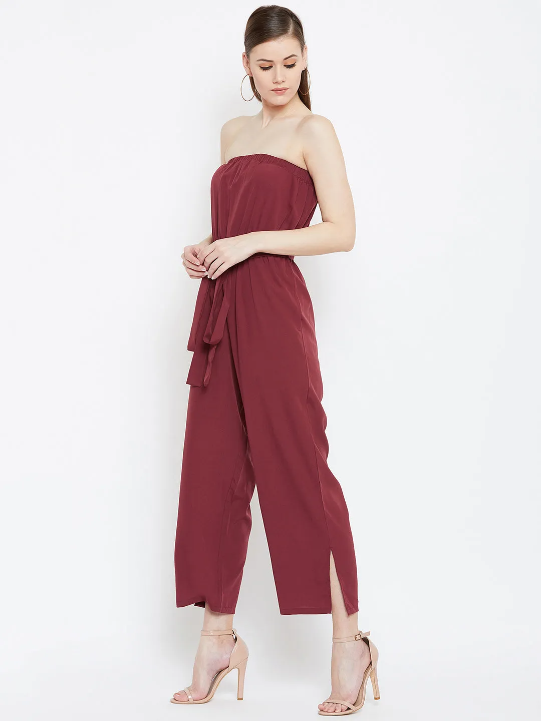 Berrylush Women Solid Maroon Off-Shoulder Waist Tie-Up Slited Jumpsuit