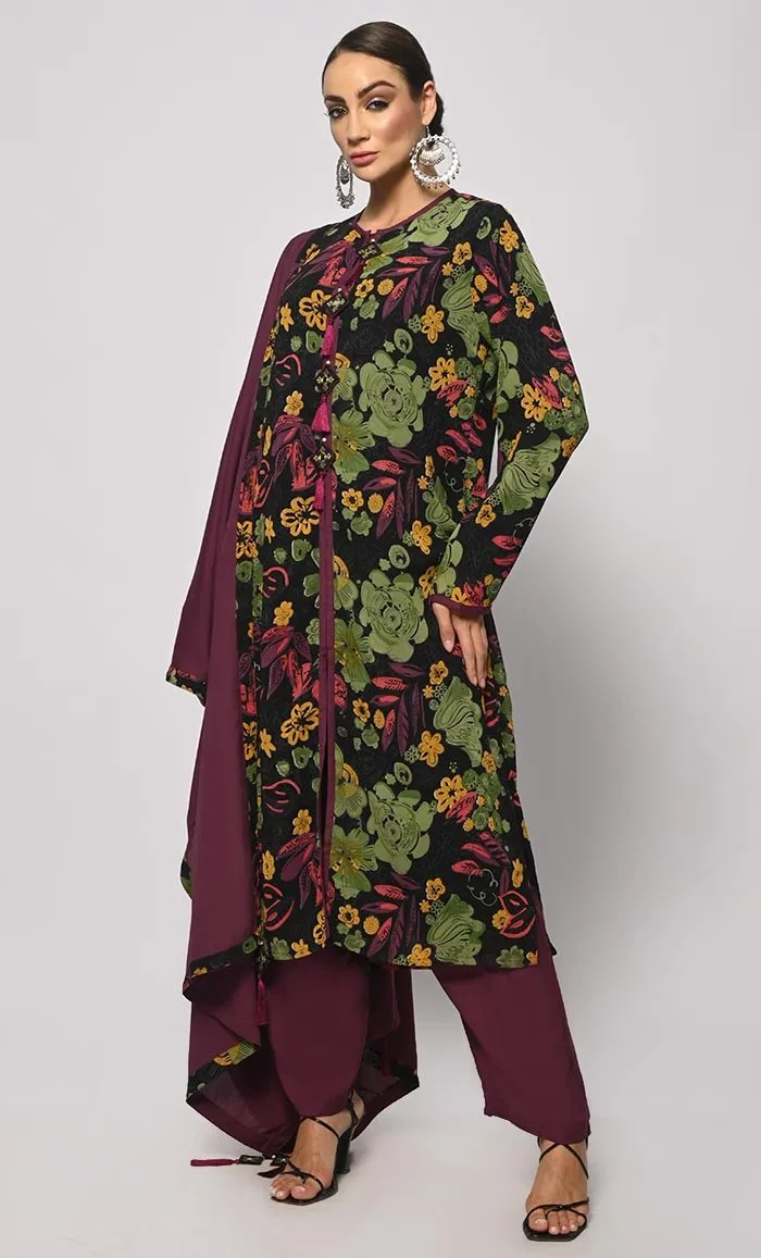 Bohemian Bliss: Printed 3Pc Salwar Kameez set With Dupatta and Tassels Detailing