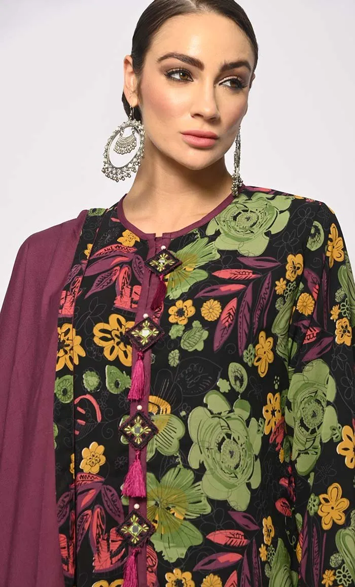 Bohemian Bliss: Printed 3Pc Salwar Kameez set With Dupatta and Tassels Detailing