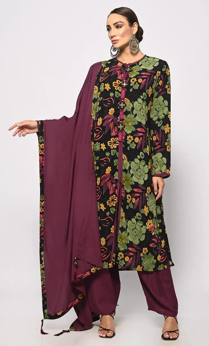 Bohemian Bliss: Printed 3Pc Salwar Kameez set With Dupatta and Tassels Detailing