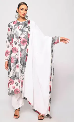 Bohemian Bliss: Printed 3Pc White Salwar Kameez set With Dupatta and Tassels Detailing