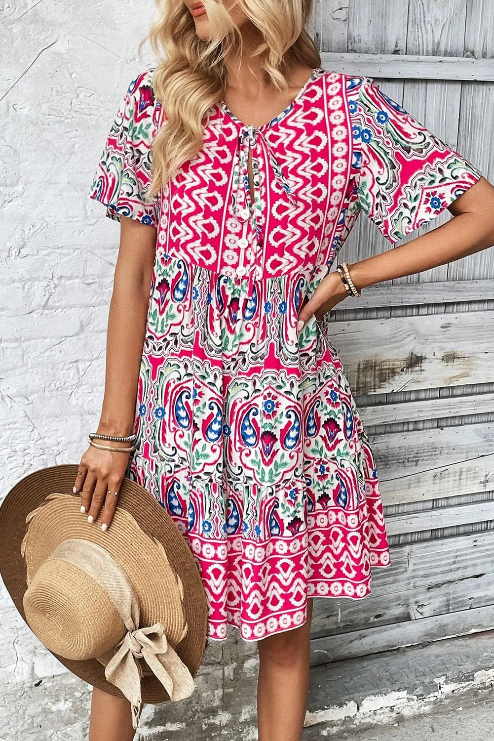 Bohemian Print Tie Neck Ruffle Hem Short Dress