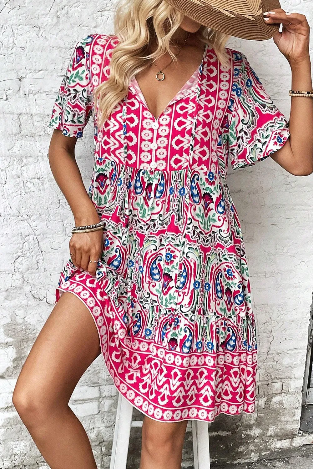 Bohemian Print Tie Neck Ruffle Hem Short Dress