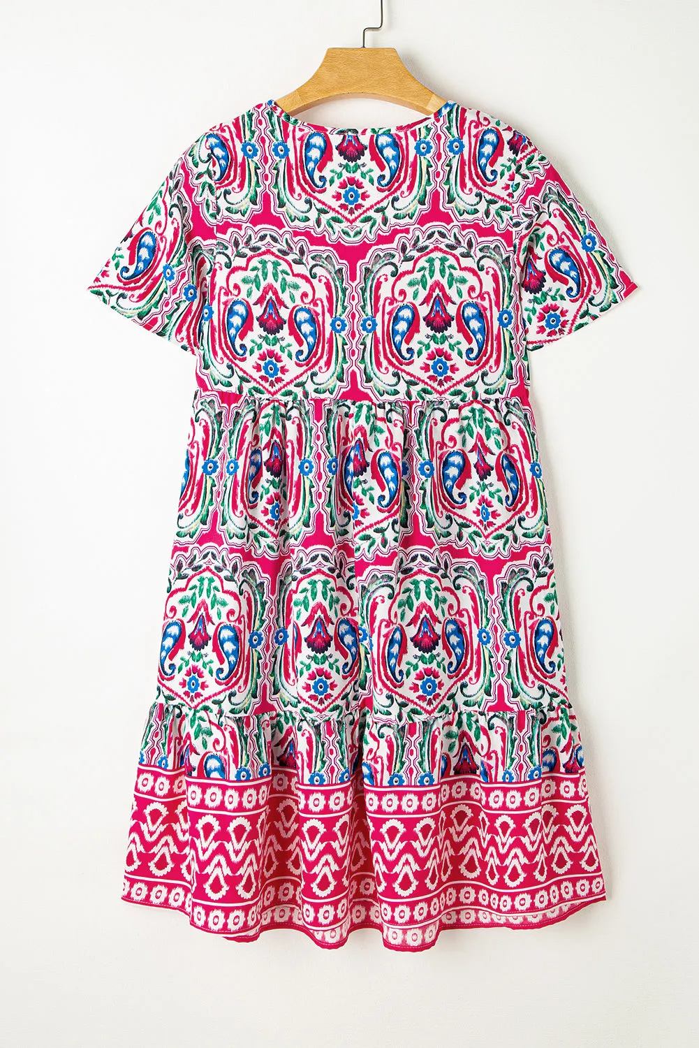 Bohemian Print Tie Neck Ruffle Hem Short Dress