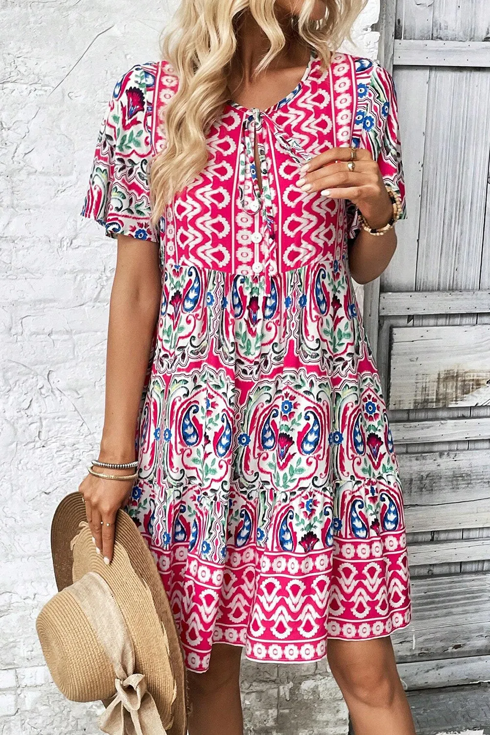 Bohemian Print Tie Neck Ruffle Hem Short Dress