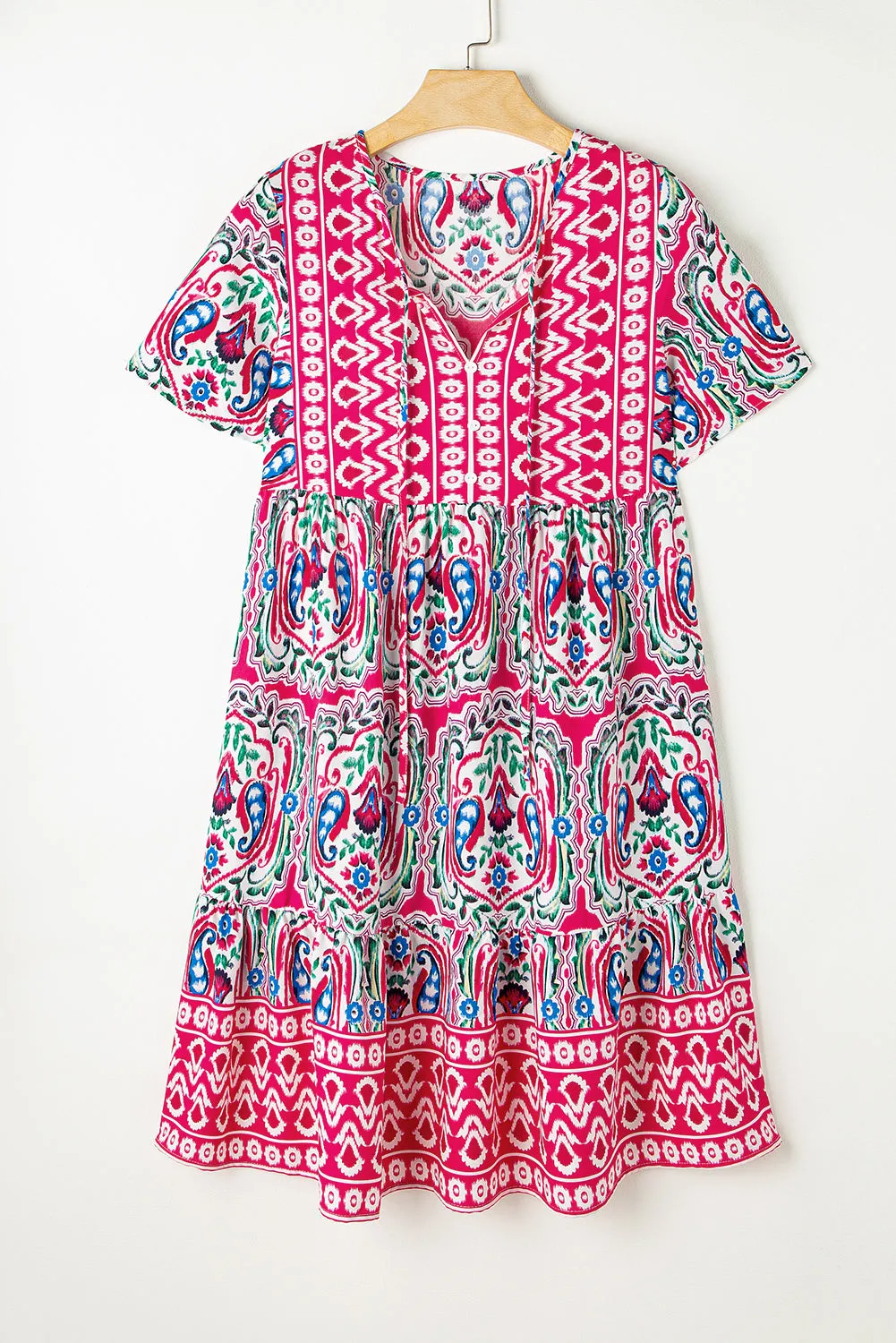 Bohemian Print Tie Neck Ruffle Hem Short Dress