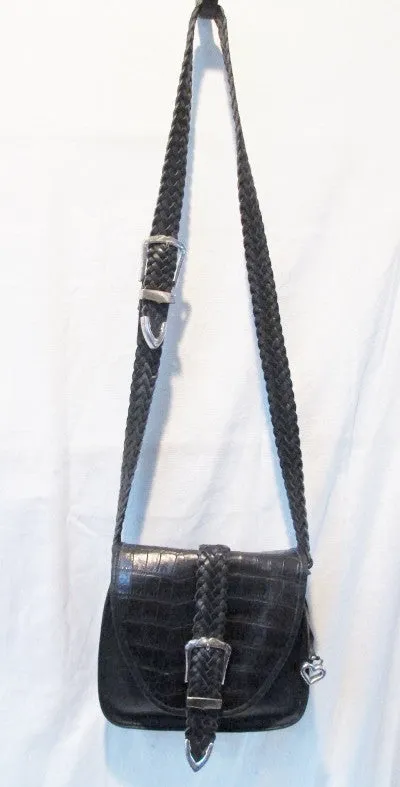 BRIGHTON Leather Croc Signature Shoulder Bag Crossbody Purse BLACK HEART M