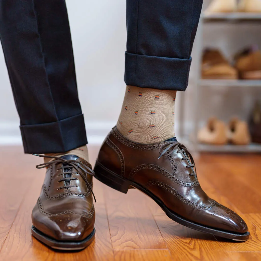 Colorful Square Knots on Khaki Merino Wool Over the Calf Dress Socks