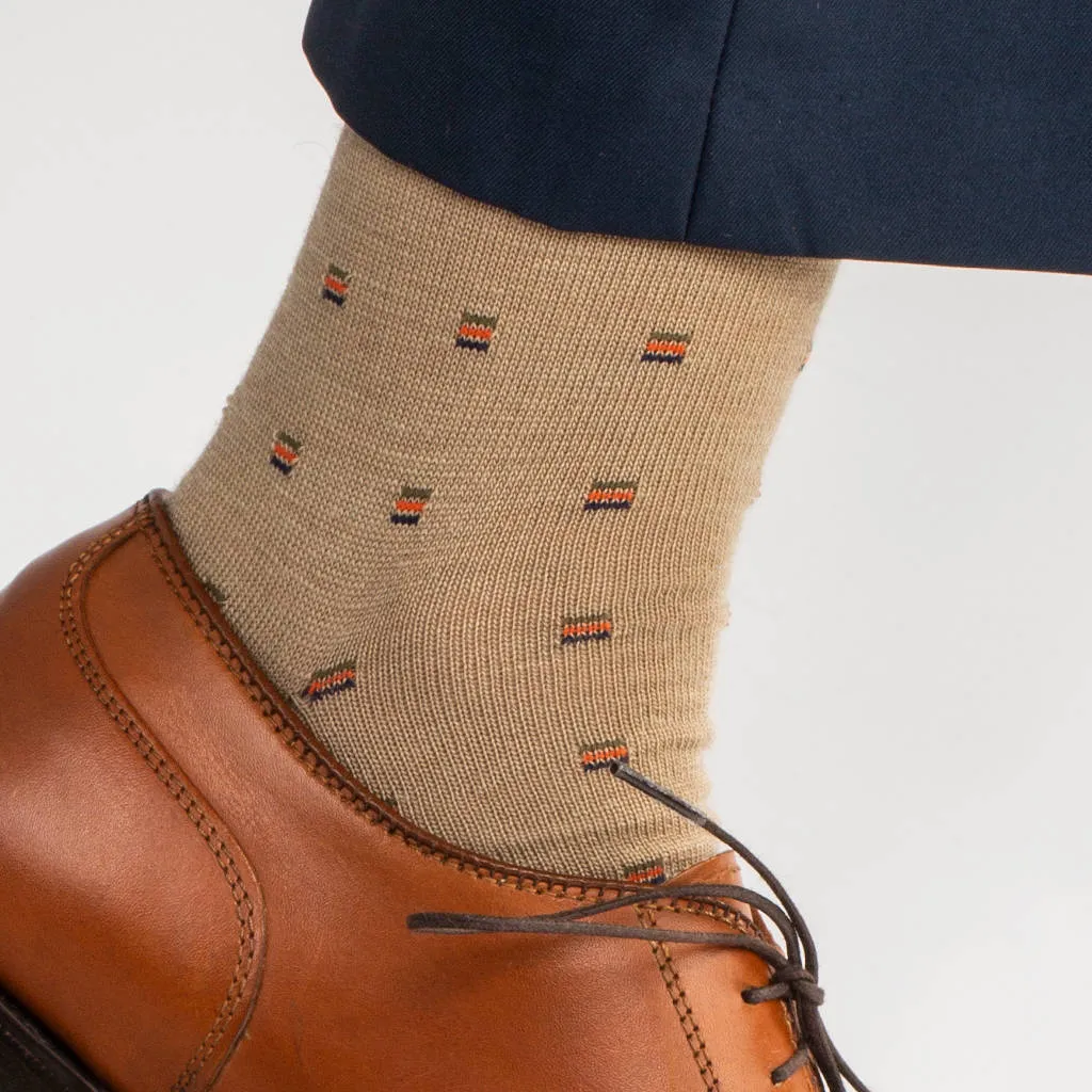 Colorful Square Knots on Khaki Merino Wool Over the Calf Dress Socks