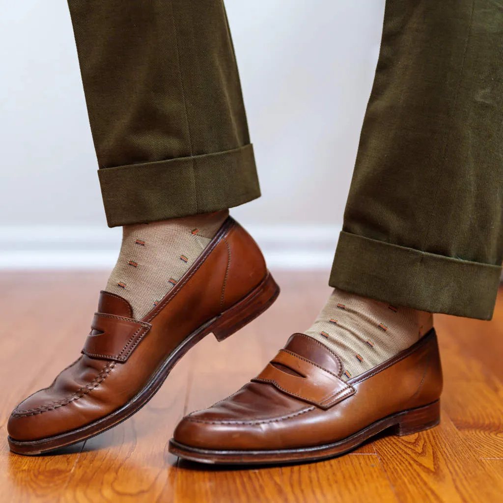 Colorful Square Knots on Khaki Merino Wool Over the Calf Dress Socks