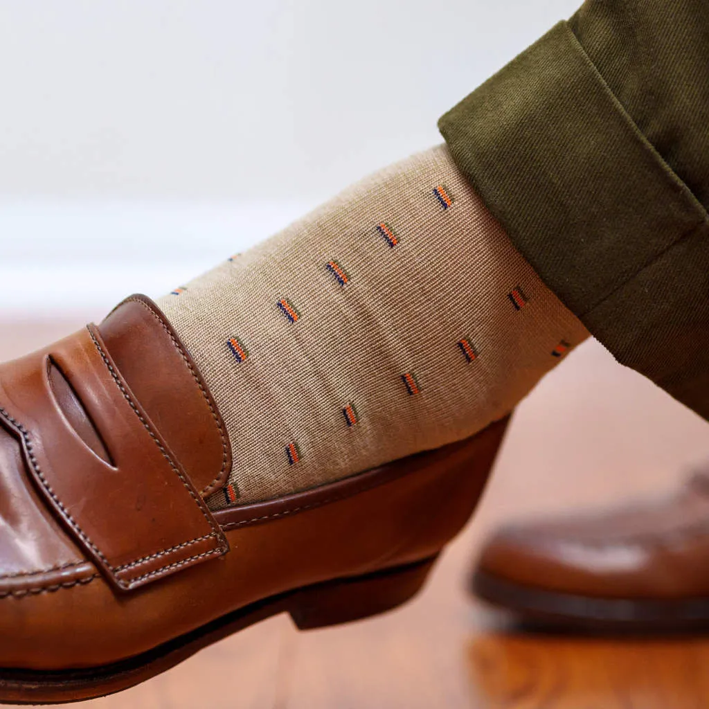 Colorful Square Knots on Khaki Merino Wool Over the Calf Dress Socks