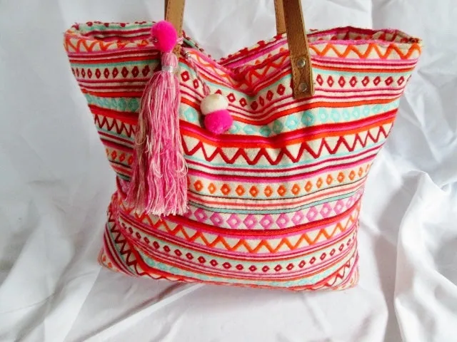 Embroidered OR HIPPY Tote Bag Satchel Shopper PINK Ethnic Fringe Tassel ZIGZAG