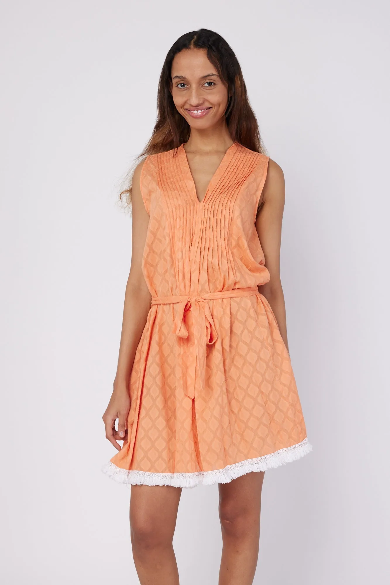 Felice Sleeveless V-Neck Puntuck Knee Length Dress with Detachable Belt in Paradise Orange