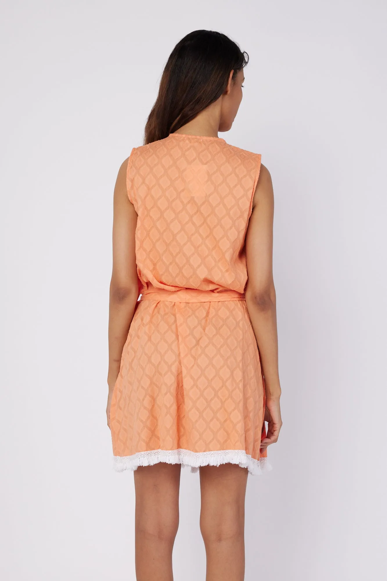 Felice Sleeveless V-Neck Puntuck Knee Length Dress with Detachable Belt in Paradise Orange