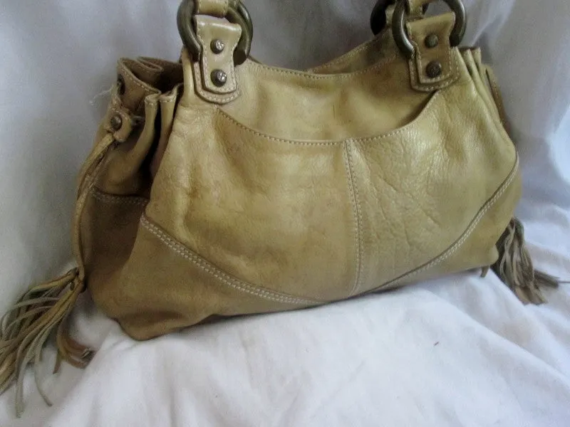 FRANCESCO BIASIA Leather Handbag Shoulder Bag Satchel Hobo Boho TAN BEIGE L