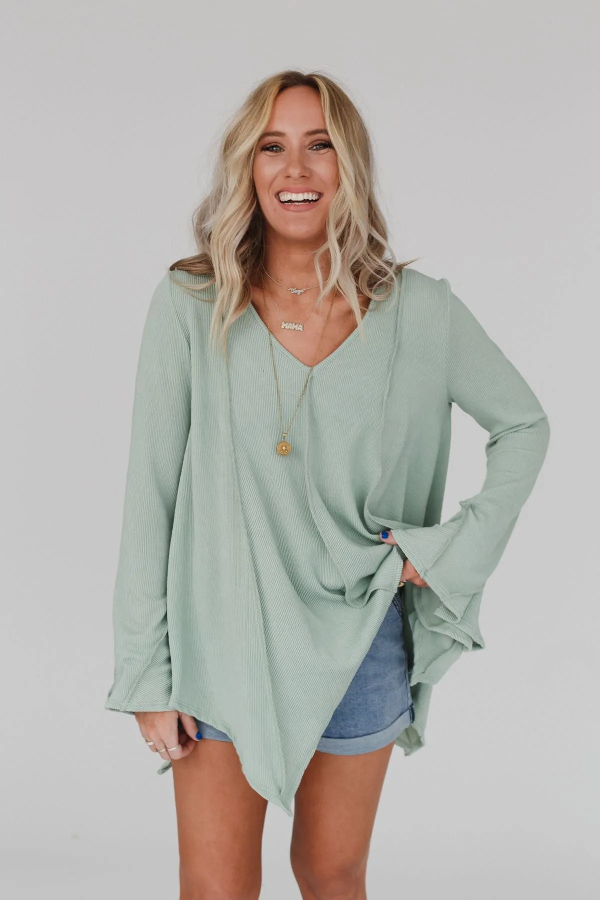 Golden Hour Long Bell Sleeve Top - Sage