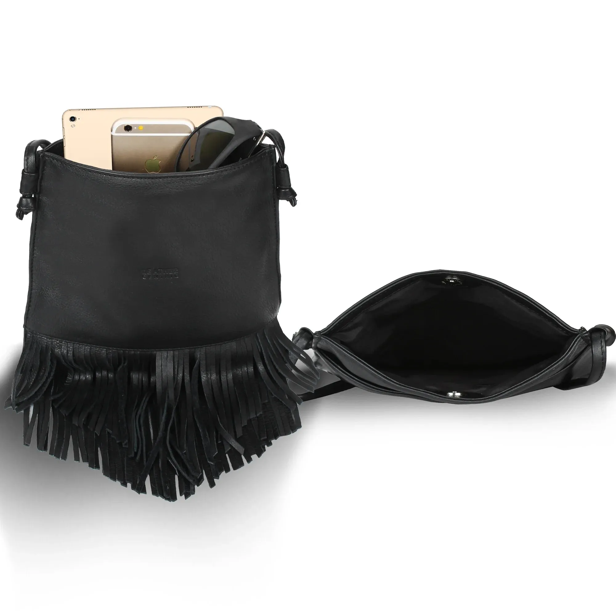 Leather Fringe Hobo Bag for Women (Medium, Black)