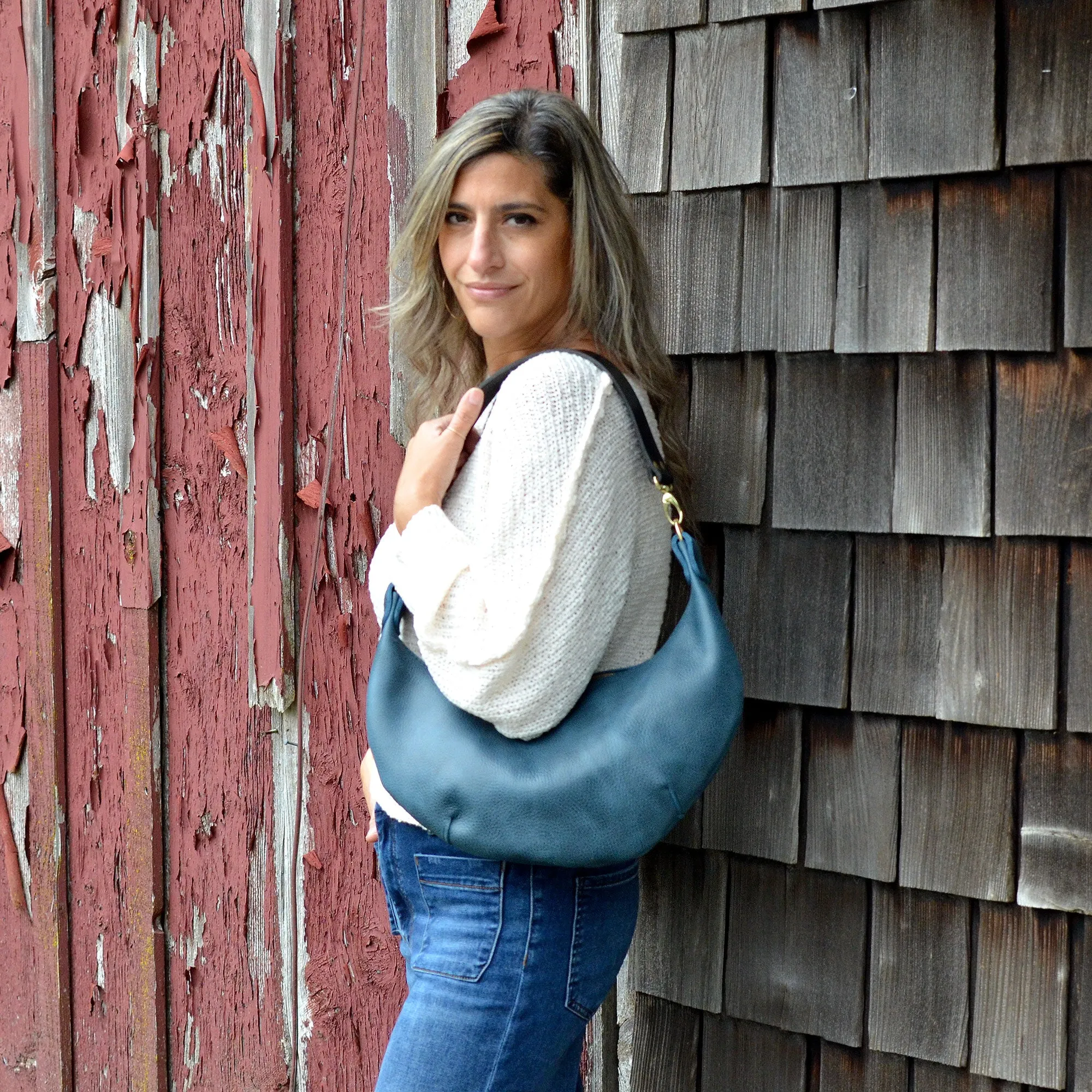 Leather HOBO Crossbody Bag - Navy Blue Leather