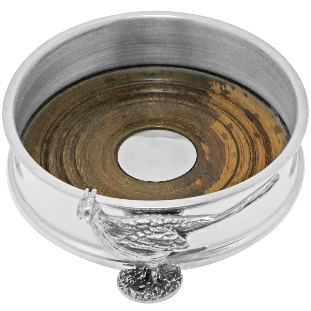 Luxury Pewter Wine Bottle Coaster with Pheasant Adornment